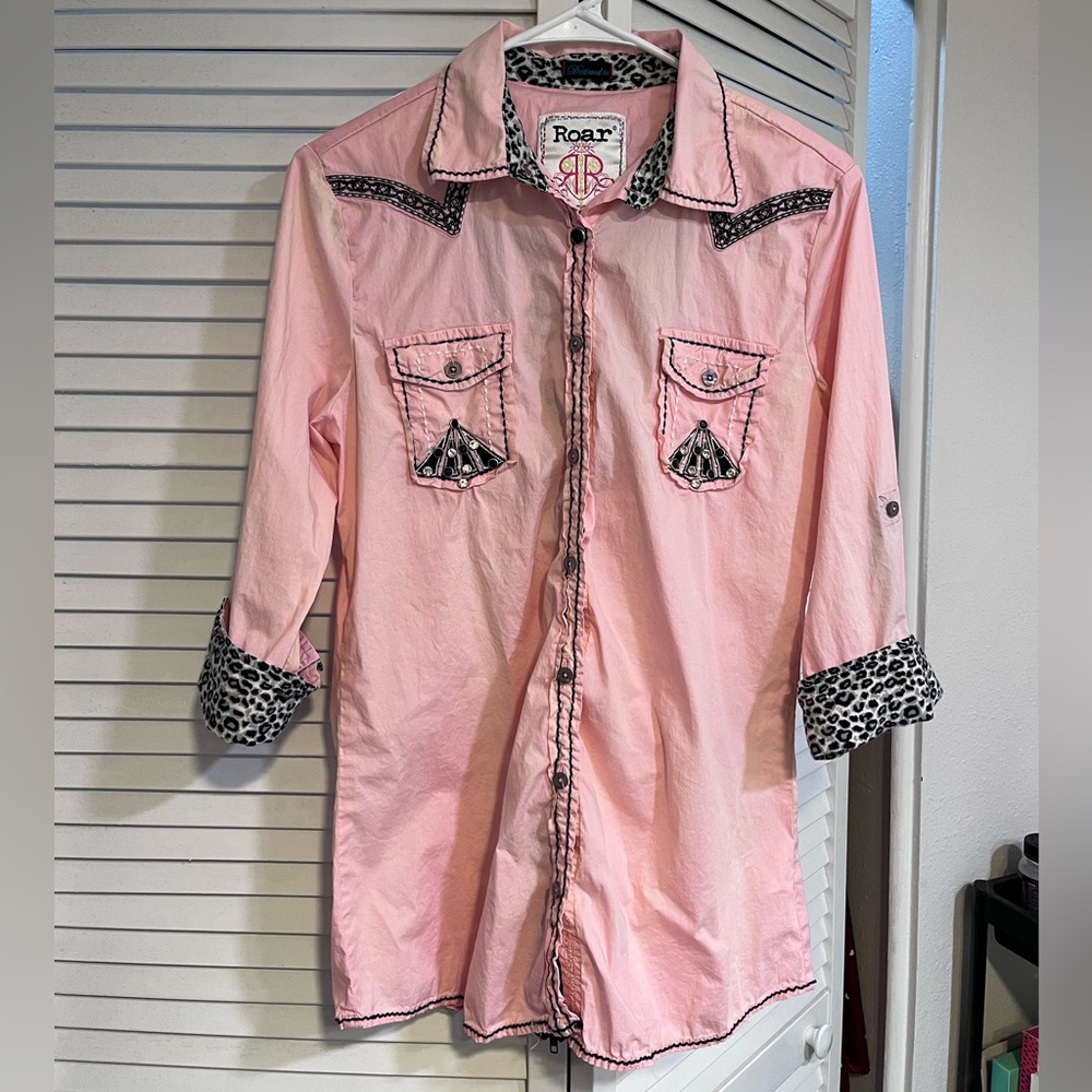 Roar Brand, Pink/Black/Leopard, Western Barrel Racing Shirt, Size XL.